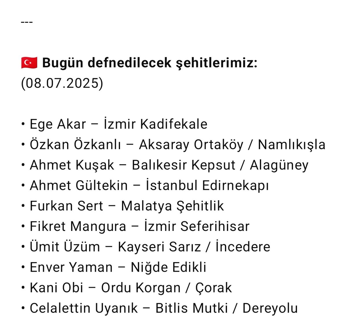 ŞEHİTLERİMİZ İÇİN TÖREN BİLGİSİ: