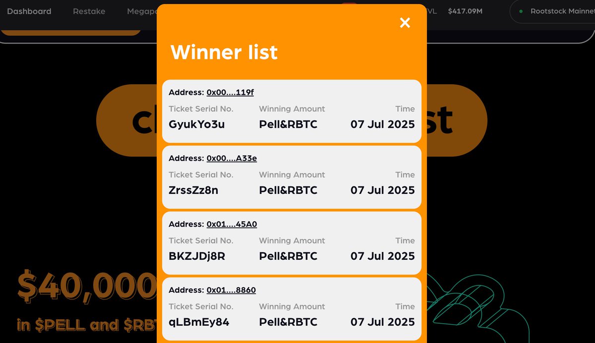 Pell_Network's tweet image. 🎉 Staking Surge Winners Announcement 🎉
The wait is over — winners of the RBTC x Pell prize pool from the Staking Surge have been selected!

🏆 Go check your wallet — you might be one of the lucky ones!
💸 Rewards in $PELL and $RBTC will be airdropped directly to the winners’…