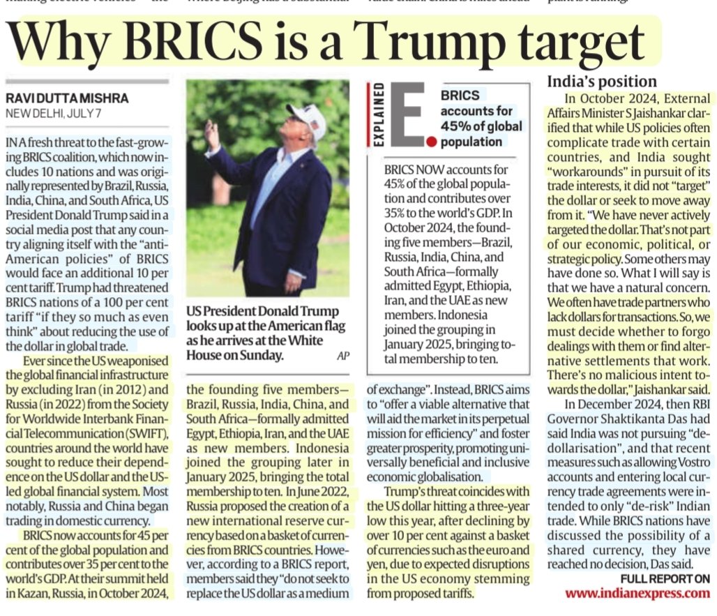 Ravikant Yadav (@imravikantyadav) on Twitter photo 'Why is BRICS is a Trump target'
:Details by Sh Ravi Dutta Mishra
<a href="/ravidutta_/">Ravi</a> 
#BRICS #BRICS2025 #Trump #USA #Dollar #Economy 
#DeDollarisation 
#Trade #tariff #tariffwar 
#BRICSSummit 
#ForeignPolicy 
#UPSC 
Source: IE 'Why is BRICS is a Trump target'
:Details by Sh Ravi Dutta Mishra
<a href="/ravidutta_/">Ravi</a> 
#BRICS #BRICS2025 #Trump #USA #Dollar #Economy 
#DeDollarisation 
#Trade #tariff #tariffwar 
#BRICSSummit 
#ForeignPolicy 
#UPSC 
Source: IE