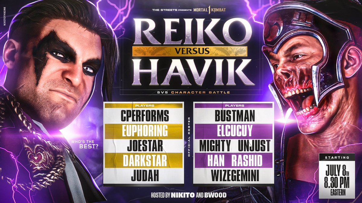 ME AND MY BROTHER <a href="/BWoodTTV/">SYN BWood</a> hosting a stacked 5v5 Character Battle
July 8th
8:30 pm est
TEAM REIKO VS TEAM HAVIK!

🎥 Streamed on: twitch.tv/nikito_theone
Pot will be crowdfunded but come enjoy the vibes!

Who yall think gonna win? Sidebets?

<a href="/STierGamingCo/">STG</a> 
#MortalKombat