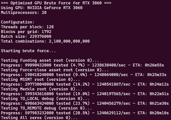 EricChennells's tweet image. Renting a RTX 3050 in the Czech Republic for 9 cents an hour to brute force possible values in a failed taproot asset lightning channel close in which 100,000 sats are stuck.
Just another day on the p2p digital cash front lines.