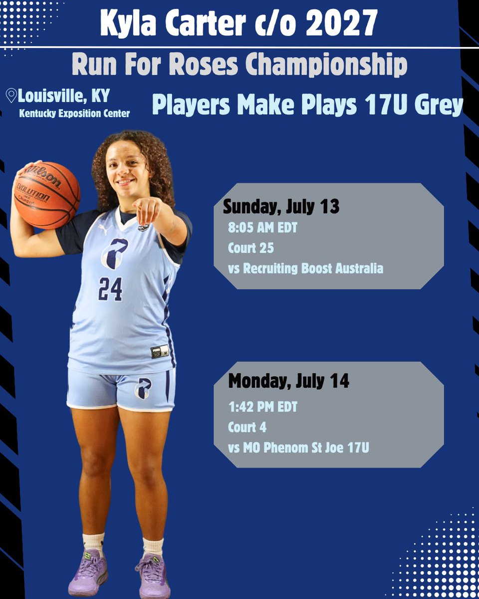 Kyla Carter (@kyla_car24) on Twitter photo Excited to be playing with my team starting this Thursday July 10th for the <a href="/TFNsRun4Roses/">TFN's Run 4 Roses</a> tourney. Can’t wait to face competition & showcase my abilities to college coaches! 🏀🏀
<a href="/realcoachc4/">Coach C</a> <a href="/pmpgirlsbball/">Players Make Plays (PMP) Girls Basketball</a> <a href="/SATXrecruiting/">NSR Texas (South, Central, East Texas)</a> <a href="/GirlsBBMVHS/">MVHS Girls Basketball</a> <a href="/coachspringer/">Tim Springer</a> <a href="/bballjkey/">Jason Key</a> Excited to be playing with my team starting this Thursday July 10th for the <a href="/TFNsRun4Roses/">TFN's Run 4 Roses</a> tourney. Can’t wait to face competition & showcase my abilities to college coaches! 🏀🏀
<a href="/realcoachc4/">Coach C</a> <a href="/pmpgirlsbball/">Players Make Plays (PMP) Girls Basketball</a> <a href="/SATXrecruiting/">NSR Texas (South, Central, East Texas)</a> <a href="/GirlsBBMVHS/">MVHS Girls Basketball</a> <a href="/coachspringer/">Tim Springer</a> <a href="/bballjkey/">Jason Key</a>