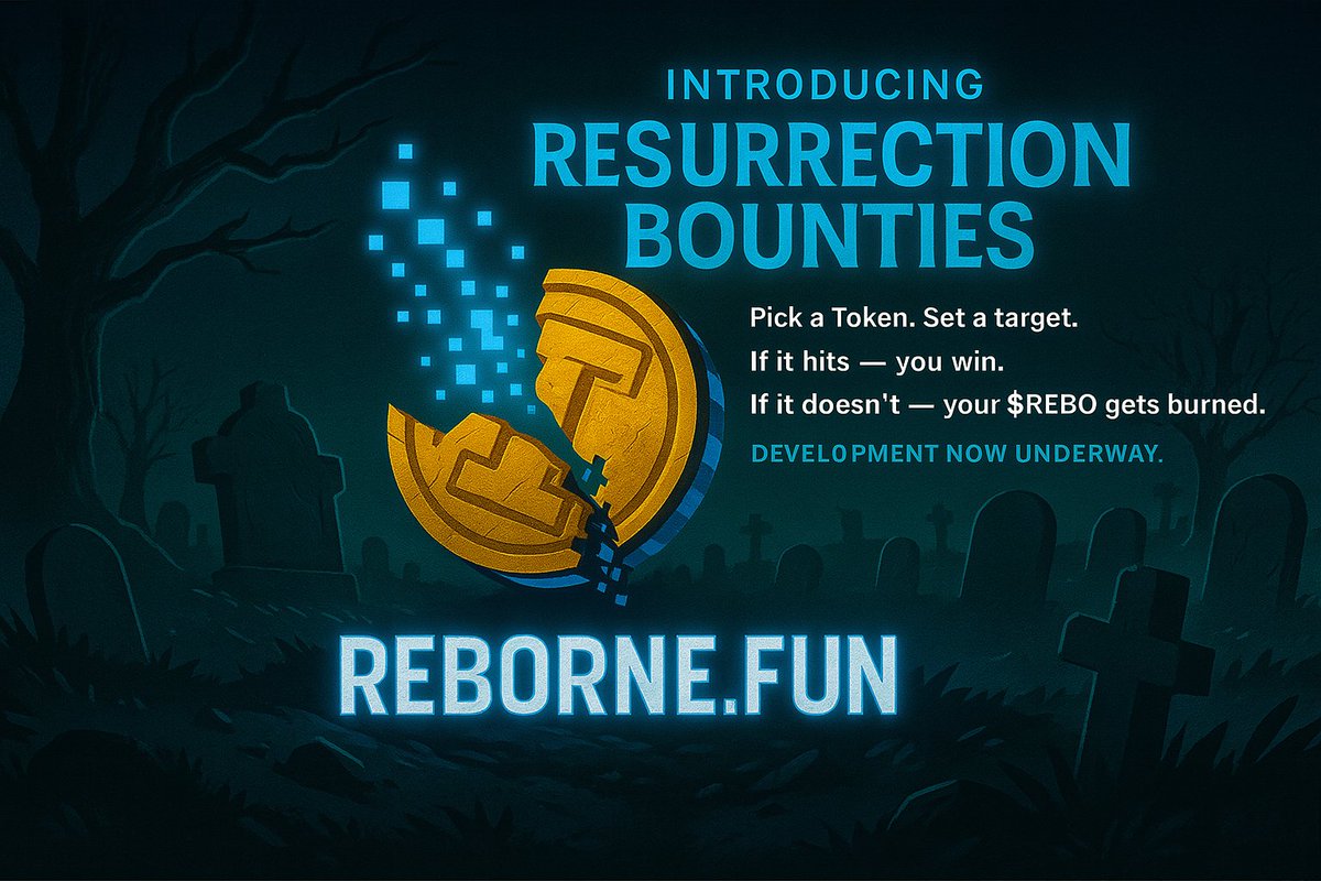 Introducing Resurrection Bounties 🔮

Bet on forgotten tokens hitting market cap milestones — even if no one’s revived them yet.

Pick a token. Set a target.
If it hits — you win.
If it doesn’t — your $REBO gets burned. 🔥

Prediction meets pain.
Development now underway.

Only