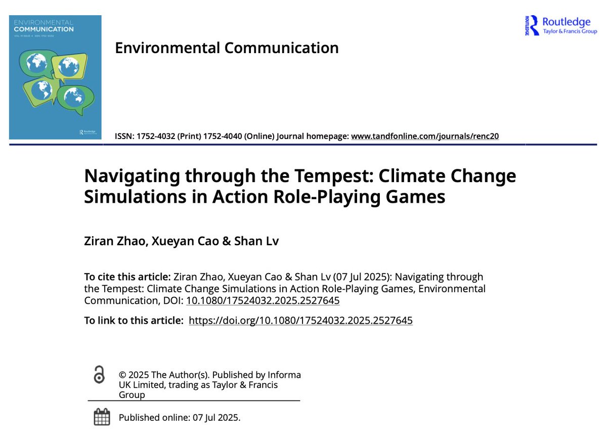 BrandonZhao1997's tweet photo. New publication 🎉 at Environmental Communication with @XueyanCao2 &amp; Shan Lv:

We conducted a CTDA analysis of open-world games released this year to explore how they simulate climate change

Plz find more👇
https://t.co/hdEUsoVmhF https://t.co/vzSB6t24GX