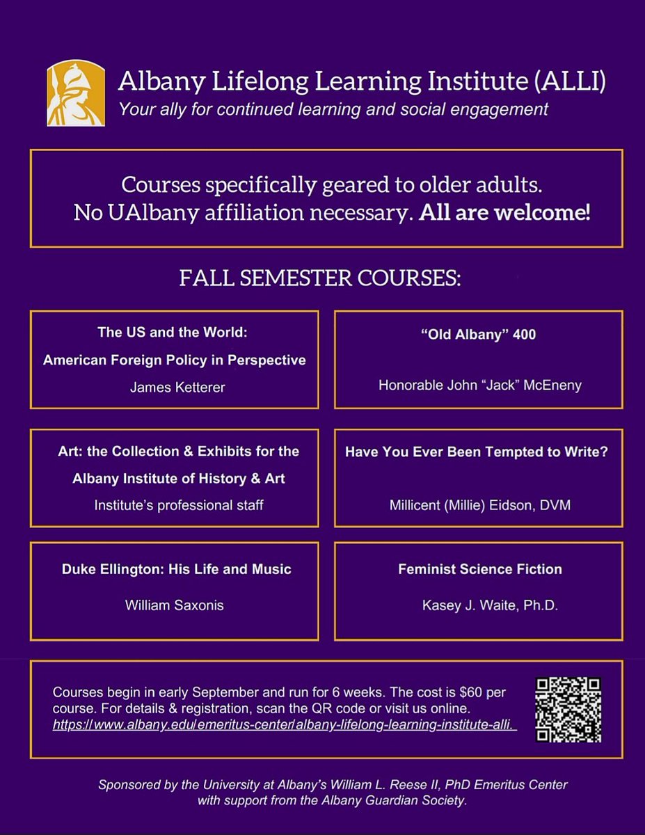 jpketterer's tweet image. In September and October I will be giving a 6-week course on US foreign policy for the Albany Lifelong Learning Institute. And there are several other interesting courses available this fall. See the attachment for more details and register at the link.
share.google/6KCsGBgIF11qyQ…