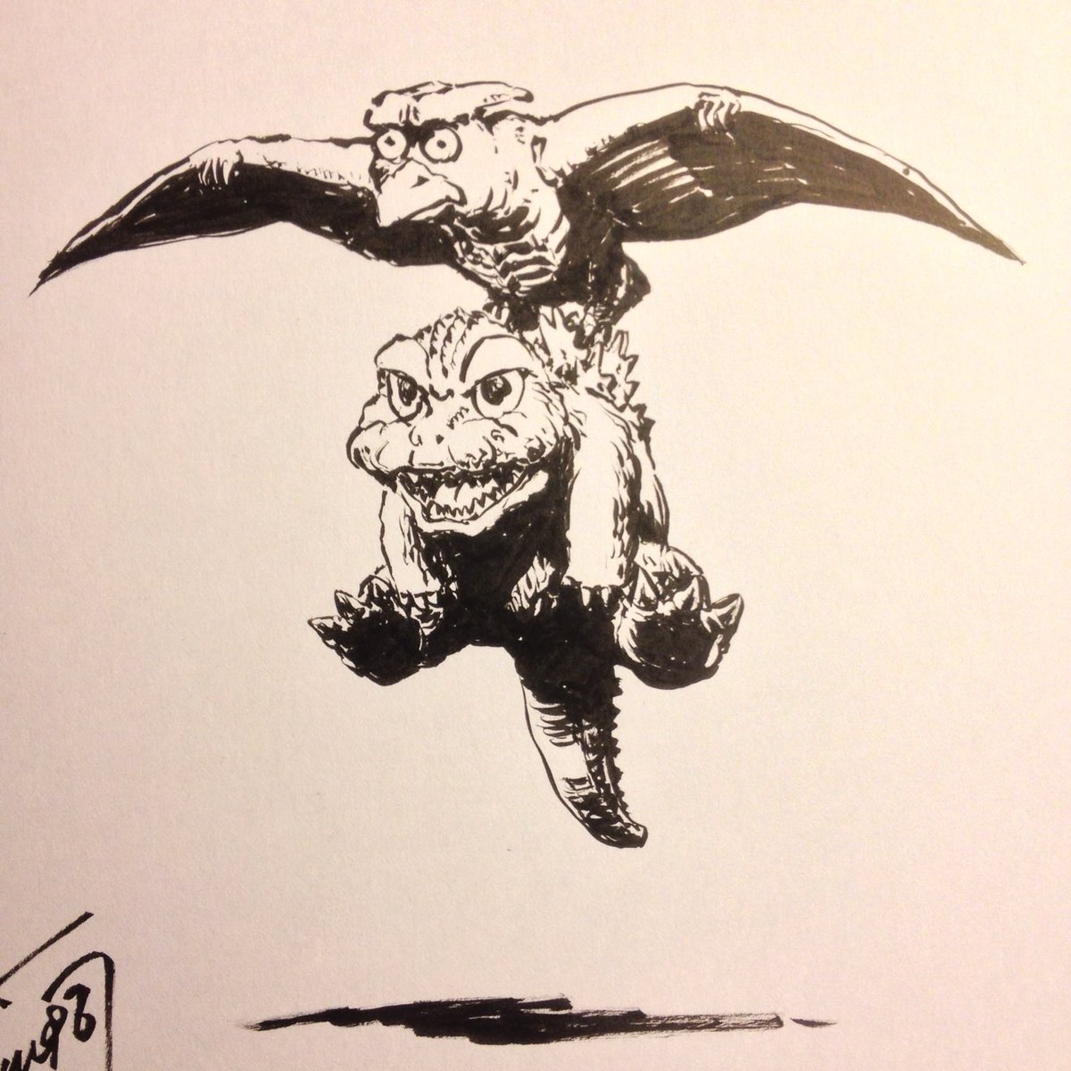 ゴジラ指人形のラドンの顔は、以前描いたこの絵のラドンが海外のファンにめちゃウケたので採用しました。