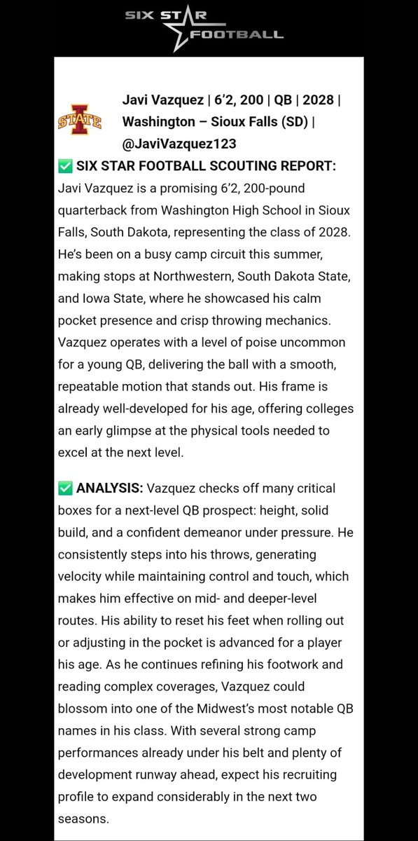 Thank you <a href="/sixstarfootball/">Six Star Football | PLUS+</a> for the kind write up! Had a great camp season, season up next!! <a href="/MrRyan_Evans/">Ryan Evans</a> <a href="/tommyhof11/">Tommy Hofer</a> <a href="/247recruiting/">247Sports Recruiting</a> <a href="/NWahlScouting/">Nate Wahl</a> <a href="/riggsfootball/">Coach Riggs</a> <a href="/PrepRedzoneDAK/">Prep Redzone Dakotas</a>