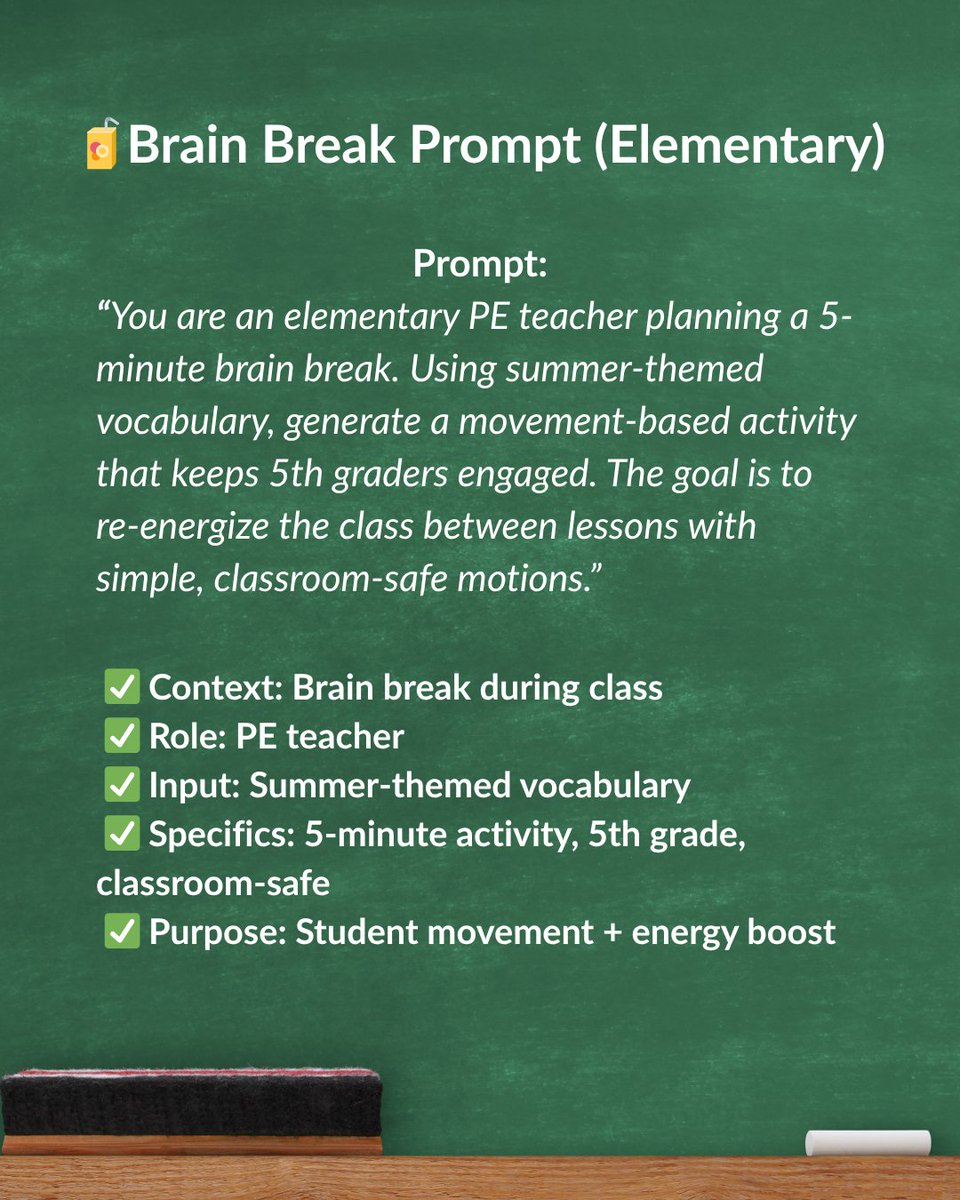 SunsetCreativeP's tweet photo. 3 AI prompts teachers can use this week 🧠

✅ Brain break
✅ Funny writing starter
✅ SEL chat with cartoon characters

They're free. They're CRISPy. They're not in the book. (But 150+ others are!)

📗 https://t.co/UAQV8xJSeH
#TeacherTwitter #AIForEducation #CRISPyPrompts https://t.co/Vle9AtlcCe