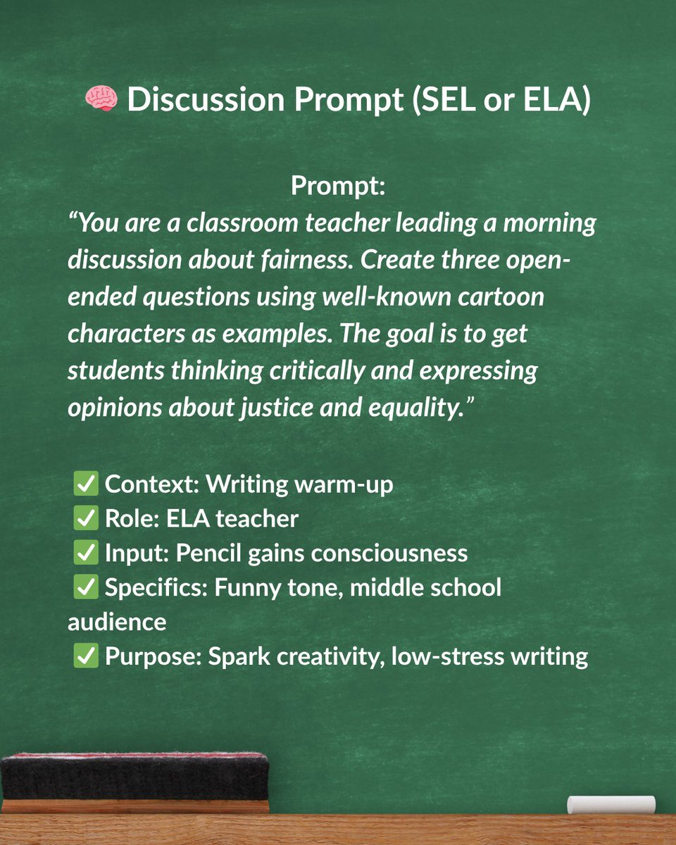 SunsetCreativeP's tweet photo. 3 AI prompts teachers can use this week 🧠

✅ Brain break
✅ Funny writing starter
✅ SEL chat with cartoon characters

They're free. They're CRISPy. They're not in the book. (But 150+ others are!)

📗 https://t.co/UAQV8xJSeH
#TeacherTwitter #AIForEducation #CRISPyPrompts https://t.co/Vle9AtlcCe