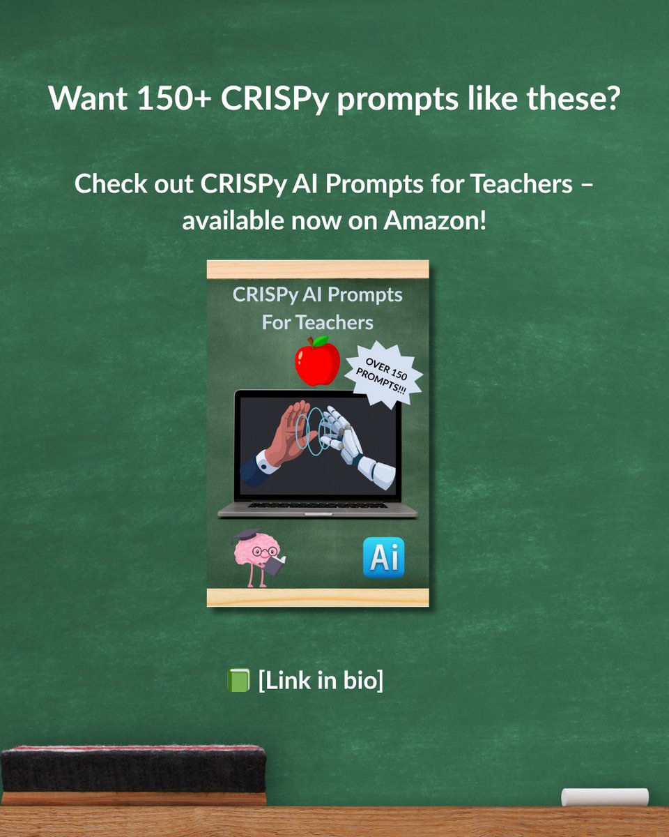 SunsetCreativeP's tweet photo. 3 AI prompts teachers can use this week 🧠

✅ Brain break
✅ Funny writing starter
✅ SEL chat with cartoon characters

They're free. They're CRISPy. They're not in the book. (But 150+ others are!)

📗 https://t.co/UAQV8xJSeH
#TeacherTwitter #AIForEducation #CRISPyPrompts https://t.co/Vle9AtlcCe