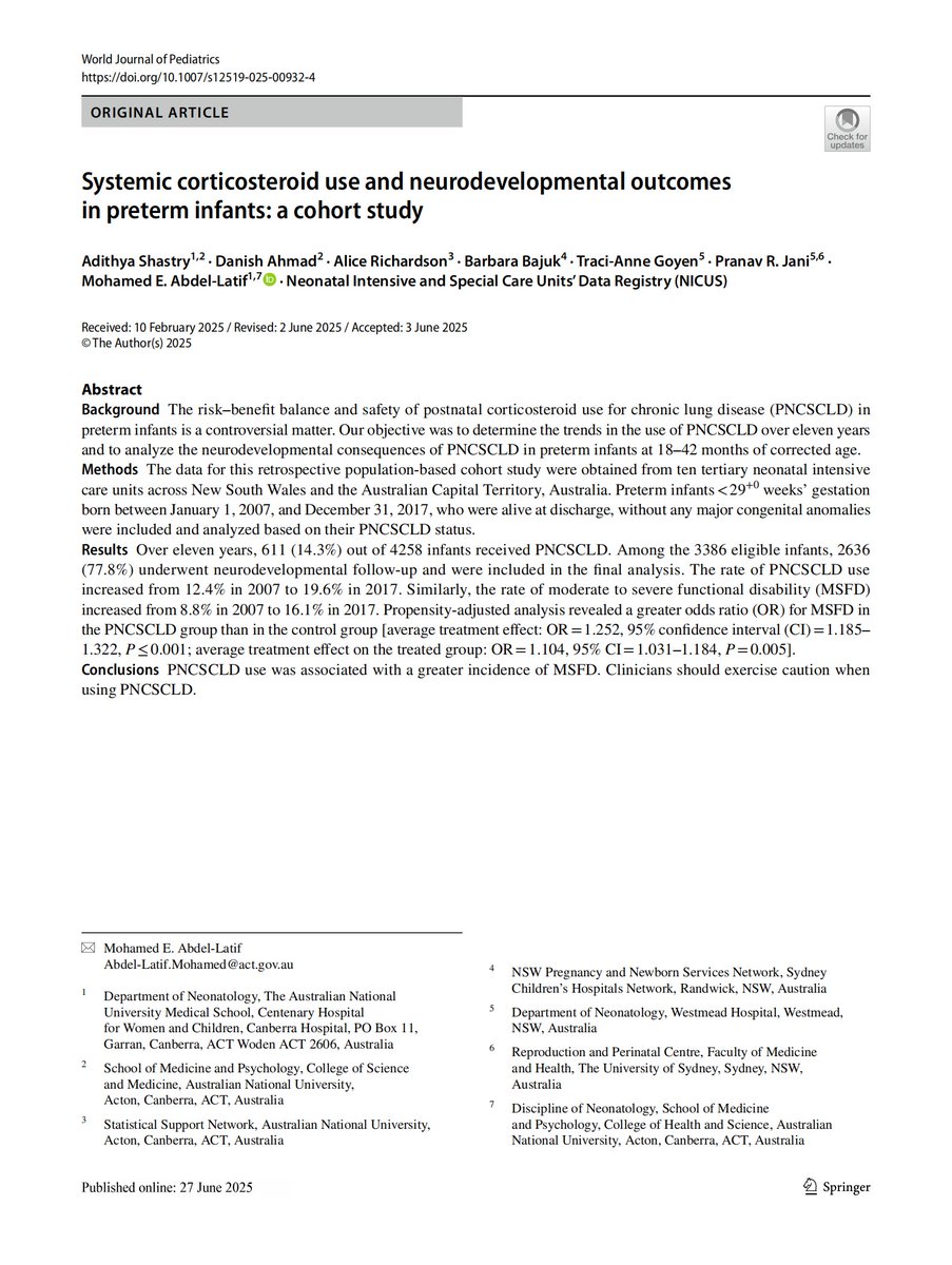 World_J_Pediatr's tweet image. Postnatal corticosteroid use in preterm infants was linked to higher risks of moderate to severe functional disability.
#Meded #SoMe4PedSurg #Pediatrics #PublicHealth #Neurodevelopment #Corticosteroids #Preterm
link.springer.com/article/10.100…