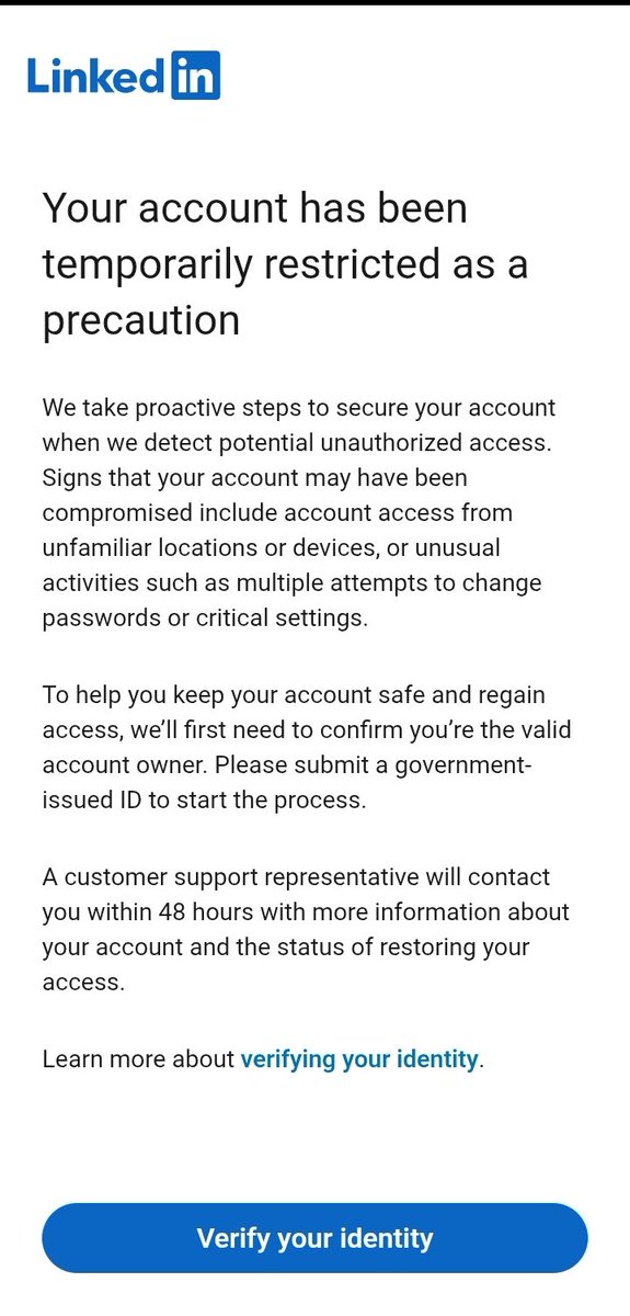 Jennifer_Ifeom's tweet photo. Hi @LinkedInHelp @LinkedIn
 My account has been restricted, and I need help recovering it.
 I rely on it for work and I couldn't verify my identity using my Government ID.  My email address is odohifeoma061@gmail.com, please help me recover it, thank you https://t.co/0YzKCGURC4