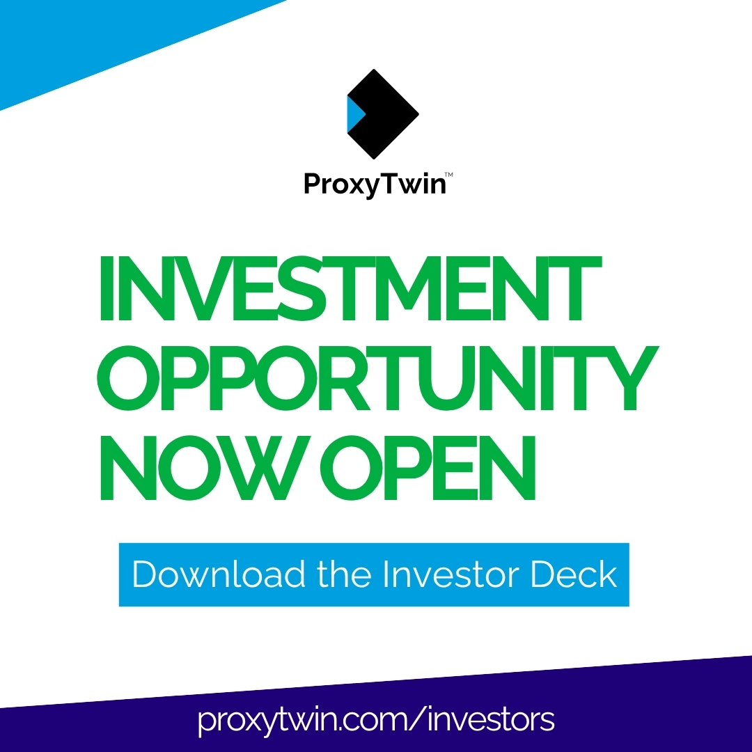 ProxyTwin is expanding into the USA &amp; UK, and we're inviting investors to join this exciting chapter! Help us scale, and make a bigger impact.
Expressions of interest (non-binding) close 30th July.

Get the investor deck here: bit.ly/4eIEGKy

#AI #DigitalTwin #investing