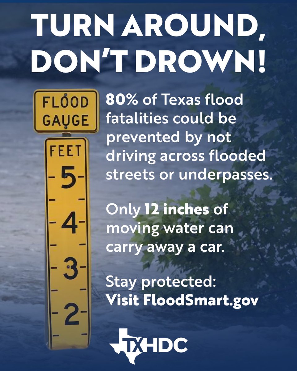 repmaryann's tweet image. It only takes 12 inches of moving water to sweep away your car. Turn around, don’t drown — and get home safe.
For the latest road conditions and closures, visit DriveTexas.org or call 800-452-9292. #txlege #HD144