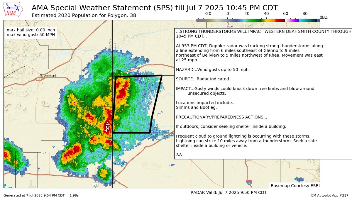 STRONG THUNDERSTORMS WILL IMPACT WESTERN DEAF SMITH COUNTY THROUGH 1045 PM CDT [wind: 50 MPH, hail: 0.00 IN] mesonet.agron.iastate.edu/p.php?pid=2025…