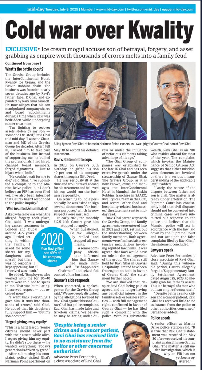 DiwakarSharmaa's tweet image. A #KWALITY LARGE SCOOP OF ‘INSULT, BETRAYAL, DECEIT’

#EXCLUSIVE » Octogenarian cancer-stricken patriarch Ravi Ghai of the iconic ice cream brand has accused his son Gaurav of robbing him of his decades old legacy and multi-crore empire while he was bedridden in London and Dubai.