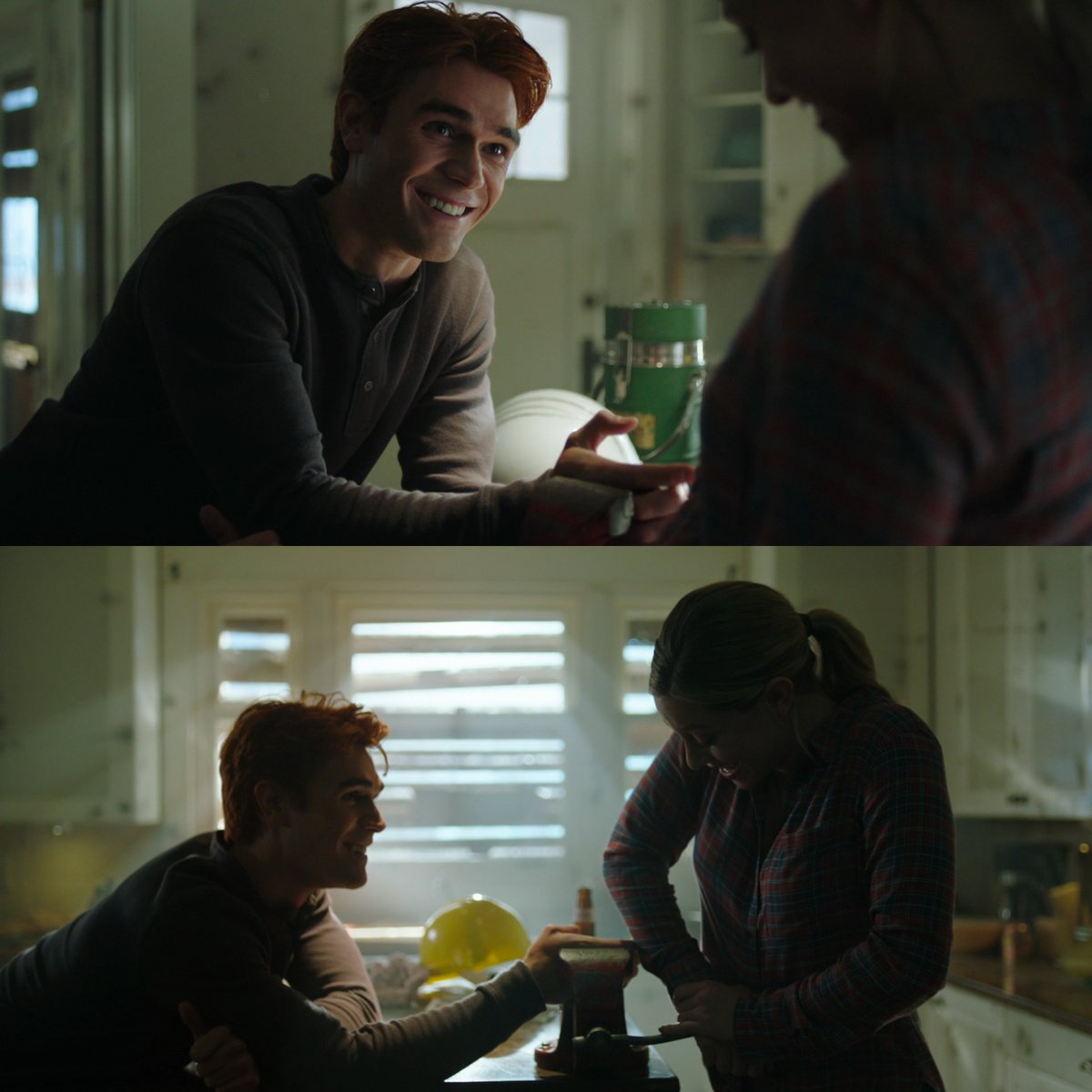 never seen a man look so in love while his girlfriend tries to break his hand with a table clamp