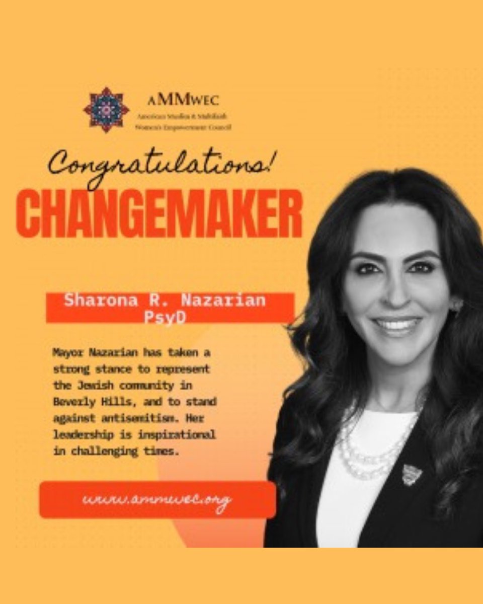 ammwecofficial's tweet image. 🌟 Celebrating Leadership &amp;amp; Courage 🌟
Meet Changemaker Sharona R. Nazarian, PsyD — a powerful voice standing strong for the Jewish community and taking a bold stand against antisemitism. Her leadership shines in challenging times. @anilaali @ammweccoalition 
#Changemaker