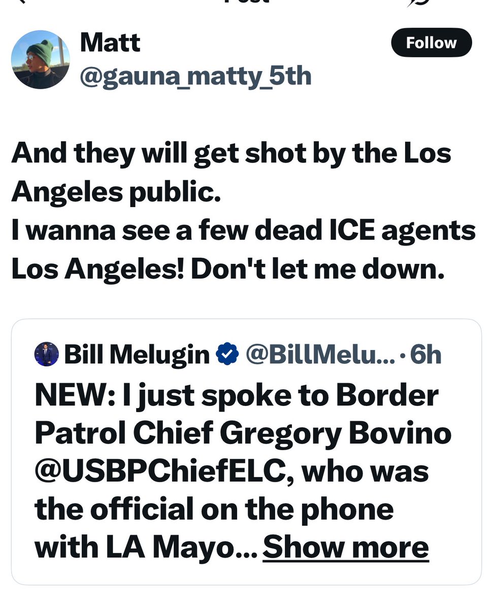 Matt here says he’s “winning political consultant”

Perhaps in LA the only political consultants who win are the ones calling for the m@rder of federal law enforcement officers
