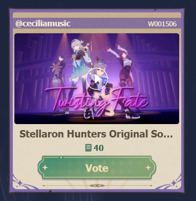 HELLO EVERYONE! Voting is LIVE for the Multiverse Vistas competition, and we submitted an Original Song in the style of KDA, sung by the Stellaron Hunters 🥳

If you would like to vote for us, use this work ID to search: W001506

Happy voting! There are in game rewards for it~