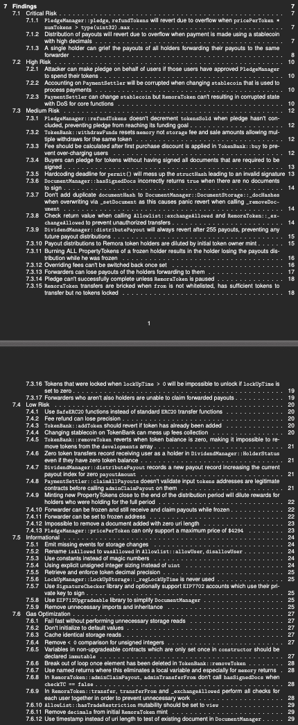 DevDacian's tweet photo. Shout out @0xStalin & myself for amazing result on the finalized security audit of @RemoraUS finding:

* 3 Critical
* 3 High
* 17 Medium
* 13 Low
* 9 Info, 12 Gas

@RemoraUS is an innovative RWA protocol enabling real-estate developers to tokenize and sell fractional shares of physical properties; investors can earn a share of passive rental income receiving regular yield payouts without the headache & burden of traditional landlord responsibility!

Our findings include a great mix of solidity "gotchas" & business logic edge-cases; as part of the audit we also developed our own targeted fuzz testing suite which the protocol team merged!

Huge shout out to @RemoraUS for fixing virtually everything @cyfrin found - great example of a protocol who takes security seriously!