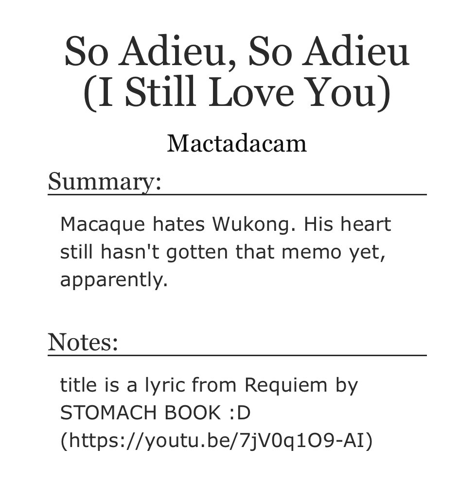 LMK_FanficRecs's tweet image. Fic of the day (261): So Adieu, So Adeiu (I Still Love You by Mactadacam on Ao3
-Oneshot
-Gen rating
-Shadowpeach
Macaque’s heart and mind want two very different things
Link: archiveofourown.org/works/40121145…
#shadowpeach #LEGOMonkieKid