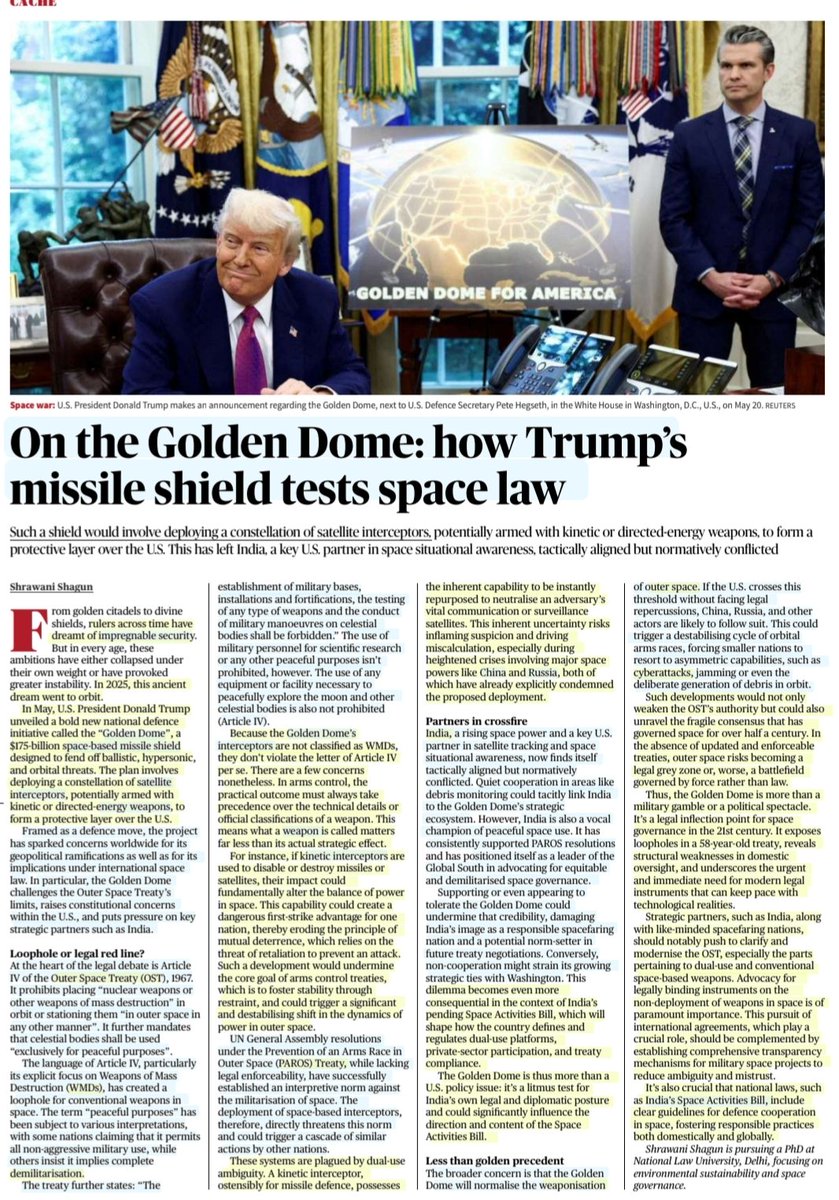 imRavikantYadav's tweet photo. 'On the Golden dome: how Trump's Missile sheild tests Space law'

:An informative article by Ms Shrawani Shagun

#GoldenDome #Trump #USA #M
#SpaceBased #MissileSheild 
#Satellites #Interceptor #KineticInterceptors
#OuterSpaceTreaty #PAROS 
#OuterSpace #Weaponisation
#law

#UPSC https://t.co/MeQ3Cmjpop
