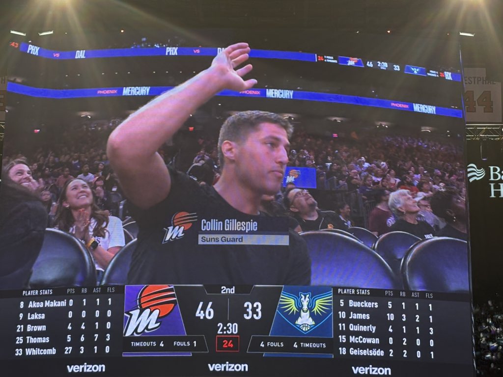 Suns PG Collin Gillespie spotted at the Mercury-Wings game. 

He was also at the Suns’ three 2025 draft picks intro press conference for Khaman Maluach, Rasheer Fleming and Koby Brea earlier today.