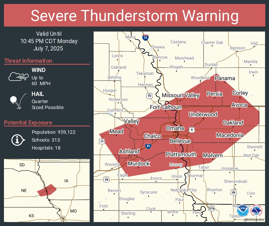 Severe Thunderstorm Warning including Omaha NE, Council Bluffs IA and  Bellevue NE until 10:45 PM CDT