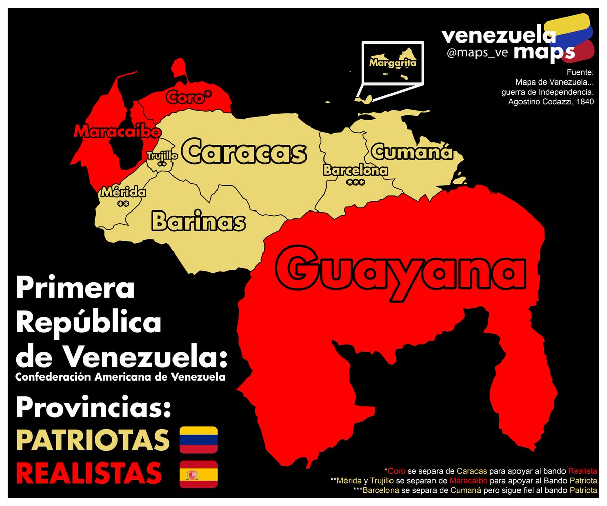 maps_ve's tweet image. Primera República de Venezuela:
(Confederación Americana de Venezuela)
Provincias Patriotas 🇻🇪
Provincias Realistas 🇪🇦