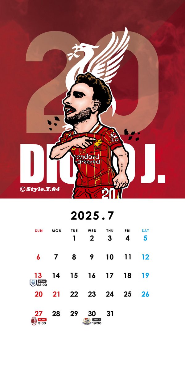 StyleT841's tweet photo. 7月のリバプールカレンダーはディオゴ・ジョッタ選手を描きました。
追悼の意を表し、ロック画面などにご使用いただければ嬉しいです。
YNWA https://t.co/2tX6mxICtv