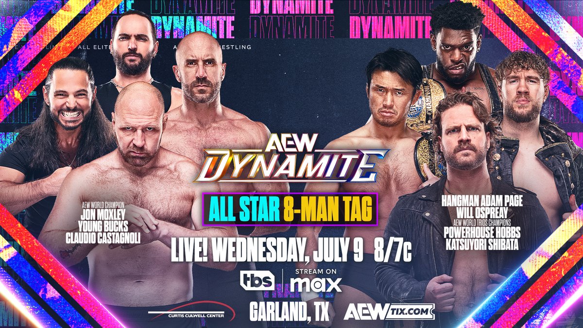 All Elite Wrestling (@aew) on Twitter photo #AEWDynamite
LIVE, 8/7c on TBS + MAX
Tomorrow Night, 7/9
All Star 8-Man Tag
Days before #AEWAllInTexas, AEW World Champion <a href="/JonMoxley/">Jon Moxley</a>, <a href="/ClaudioCSRO/">Swiss</a> + The @YoungBucks battle Hangman Page, <a href="/WillOspreay/">Will Ospreay • ウィル・オスプレイ</a>, <a href="/K_Shibata2022/">柴田勝頼 / Katsuyori Shibata</a> + <a href="/TrueWillieHobbs/">“The MONSTAR” Will Hobbs</a>, at 8/7c on TBS + MAX, TOMORROW NIGHT! #AEWDynamite
LIVE, 8/7c on TBS + MAX
Tomorrow Night, 7/9
All Star 8-Man Tag
Days before #AEWAllInTexas, AEW World Champion <a href="/JonMoxley/">Jon Moxley</a>, <a href="/ClaudioCSRO/">Swiss</a> + The @YoungBucks battle Hangman Page, <a href="/WillOspreay/">Will Ospreay • ウィル・オスプレイ</a>, <a href="/K_Shibata2022/">柴田勝頼 / Katsuyori Shibata</a> + <a href="/TrueWillieHobbs/">“The MONSTAR” Will Hobbs</a>, at 8/7c on TBS + MAX, TOMORROW NIGHT!