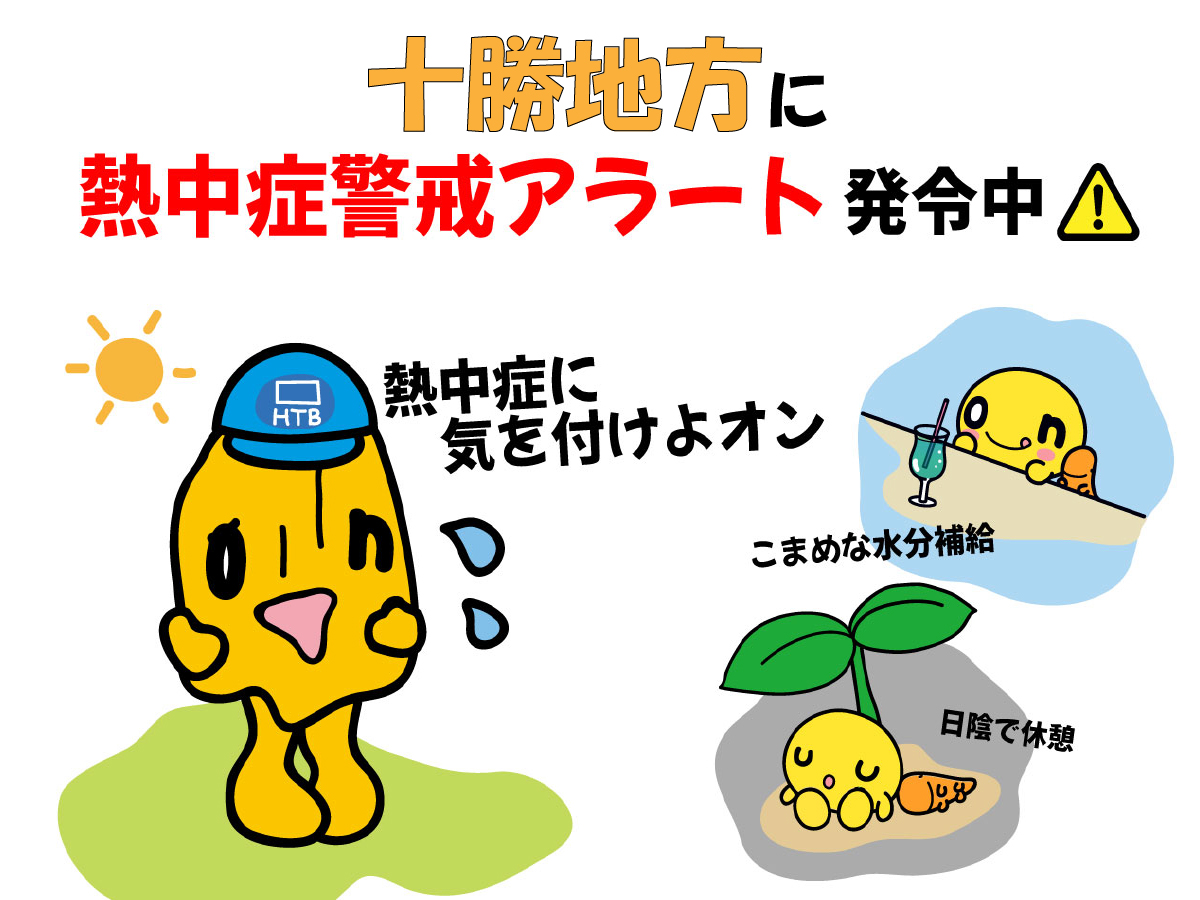 十勝地方で #熱中症警戒アラート⚠ が
発表されているオン…Q(o ω n ;)ﾊﾟﾀﾊﾟﾀ

2日連続のアラートだオン(´o ω n`)
水分補給して熱中症に気をつけよォン🥤

クーリングシェルターもうまく利用してオンね🧊

⬇️HTB防災ポータルサイト
＜熱中症から身を守るためには＞
htb.co.jp/bousai/#heatst…
