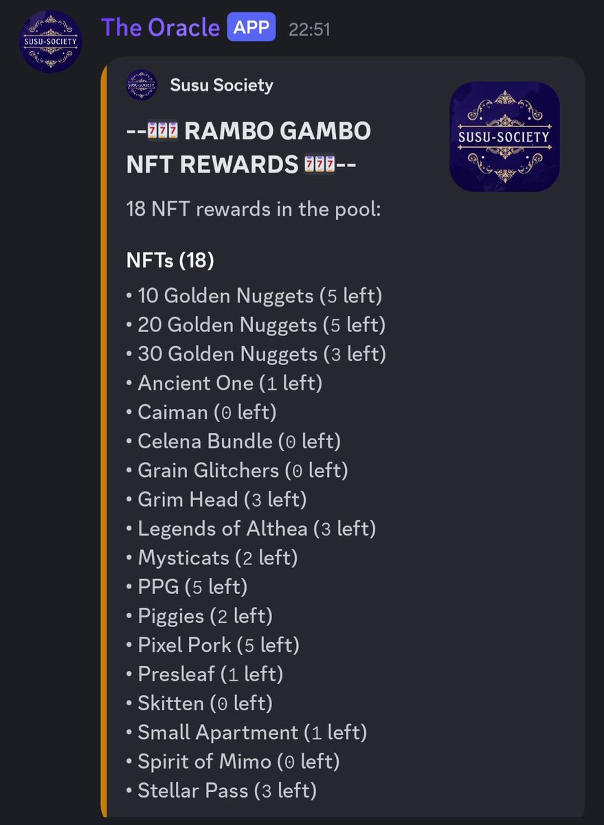 UPDATE RAMBO GAMBOOOO 🙈

If you still don't have a guild in <a href="/spellborne/"></a> think about the <a href="/Susu_Society/">Susu Society</a> guild 😏🎩

A new Rambo Gambo is live:
- daily free spin
- post about the guild or rambo gambo and get free basic credit

Easy to use, try your luck 🍀

Look at all these