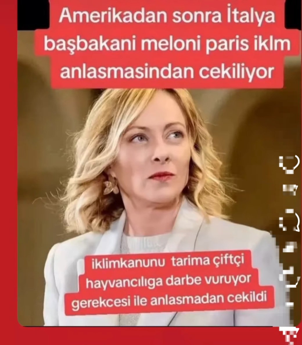 <a href="/aliosmanonder34/">Ali Osman Önder</a> Amerika'dan sonra İtalyan başbakanı Meloni,Paris iklim anlaşmasından çekiliyor....

İklim kanunu tarıma,çiftçi ve hayvancılığa  darbe vurması gerekçesi ile anlaşmadan çekildi.

ANKARA DUYUYORMUSUN !....