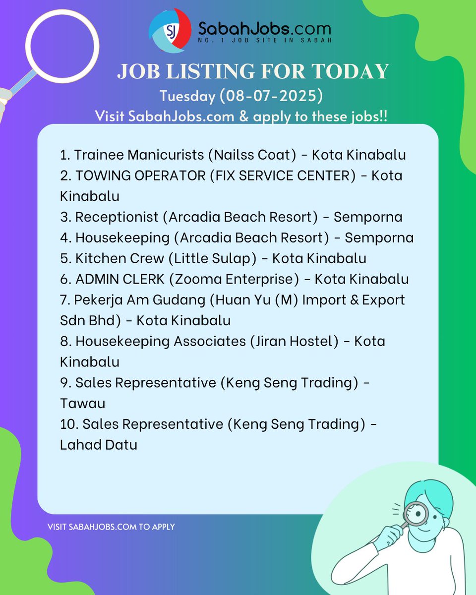 Tuesday (08-07-2025) Latest Jobs Sabah Today

APPLY ALL LATEST JOBS AT SabahJobs.com