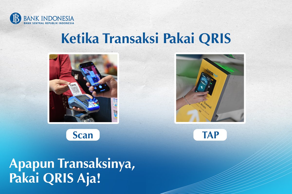 #SobatRupiah, semenjak ada QRIS transaksi emang jadi lebih praktis, ya!
Apalagi, begitu ada QRIS TAP yang jangkauannya kini semakin luas!

🛒 Belanja retail
🏥 Rumah sakit
🛍 Jajan di UMKM
🚗 Bayar parkir
🚌 Transportasi umum

Sobat sudah pernah #BeriMakna coba transaksi pakai