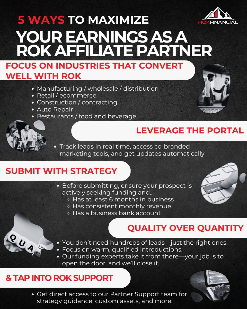 _TheFundingBOSS's tweet image. 💸 Want to increase your affiliate commissions with ROK?

Focus on industries that convert. Submit strategically. Use the portal.

We just laid out 5 proven ways to make every lead count.

Apply today and take your earnings to the next level. 💰

rokfi.biz/AffiliateSM