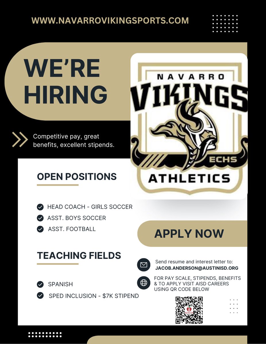 We’re HIRING at NAVARRO!
Join our team and make an impact —
Open Coaching Roles
⚽️Head Coach - Girls Soccer
⚽Asst. Boys Soccer
🏈Asst. Football
Teaching Fields
Spanish
SPED Inclusion ($7K stipend)
<a href="/50_50Pod/">The 50/50 Podcast ⚽️🎙</a> <a href="/tascosoccer/">TASCO</a> <a href="/LethalSoccer/">Coach Duque</a>