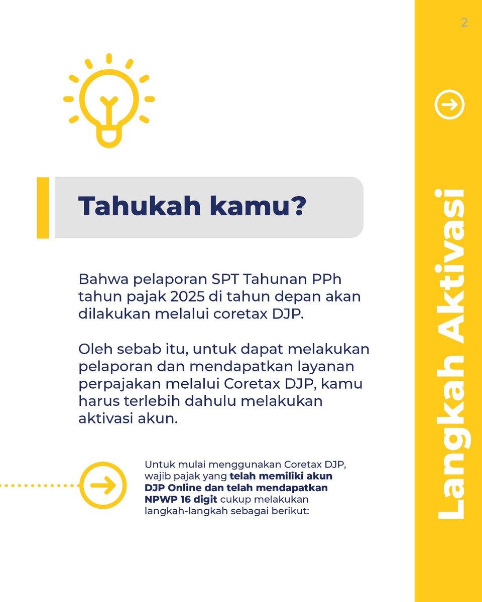 #KawanPajak apakah sudah aktivasi akun Coretax DJP? Yuks, siapkan diri untuk pelaporan SPT Tahunan PPh 2025 yang akan dilakukan melalui Coretax DJP. Aktivasi akun cukup mudah, terutama bagi kamu yang sudah punya NPWP 16 digit dan akun DJP Online.

Simak selengkapnya pada