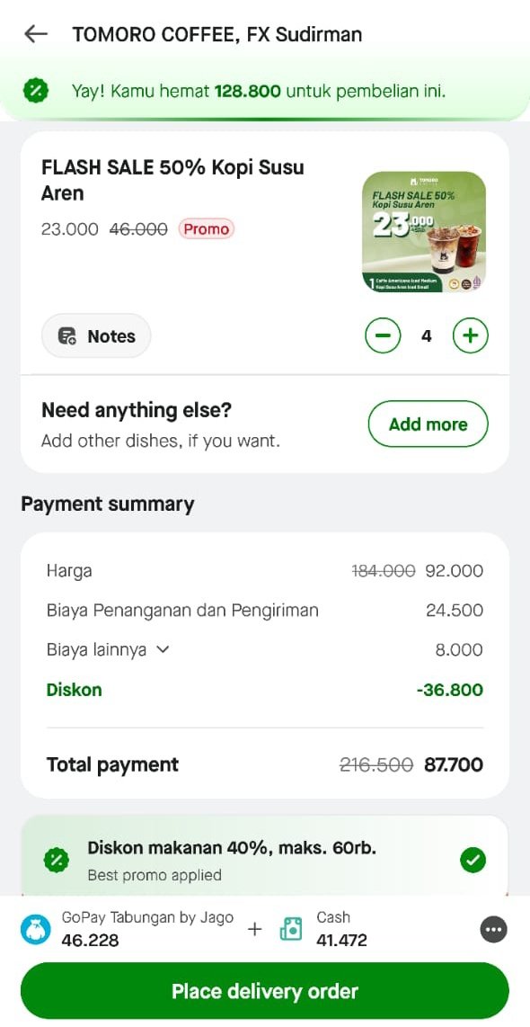 Nggak ngerti lagi sih promo pagi ini, beli 4 produk dapet potongan 2, checkout kena diskon 40% karena lewat 90rb. Dapet 4 kopi murah banget!