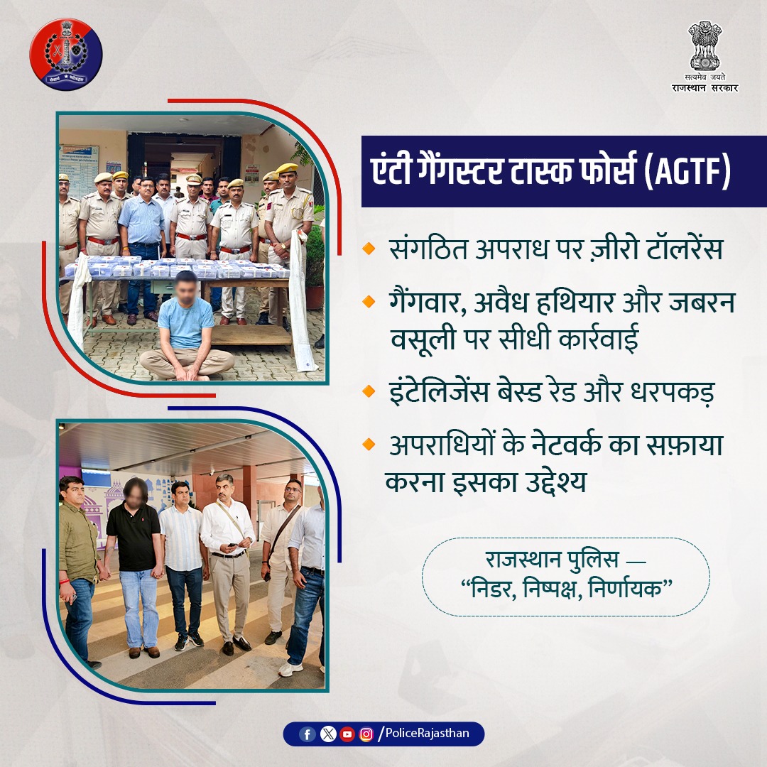 एजीटीएफ — अपराध के ख़िलाफ़ राजस्थान पुलिस की विशेष टास्क फोर्स।

संगठित अपराध, गैंगस्टर, माफिया व तस्करी पर कस रही है शिकंजा।

आधुनिक खुफिया तंत्र, संसाधन और तेज़ कार्रवाई से अपराध नेटवर्क का सफाया।

संगठित अपराध पर सीधी कार्रवाई।

#AGTF
#RajasthanPolice