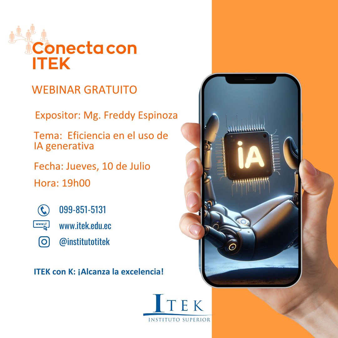 🔶 WEBINAR GRATUITO | Conecta con ITEK 🔶

Únete a nuestro próximo webinar 

📅 Jueves, 10 de julio
🕖 Hora: 19h00
📍 Modalidad: Online (¡Gratis!)

📲 Inscríbete ya y forma parte del futuro con ITEK. forms.gle/8xLk2WXA7CRBYk…

ITEK con K: ¡Alcanza la excelencia!