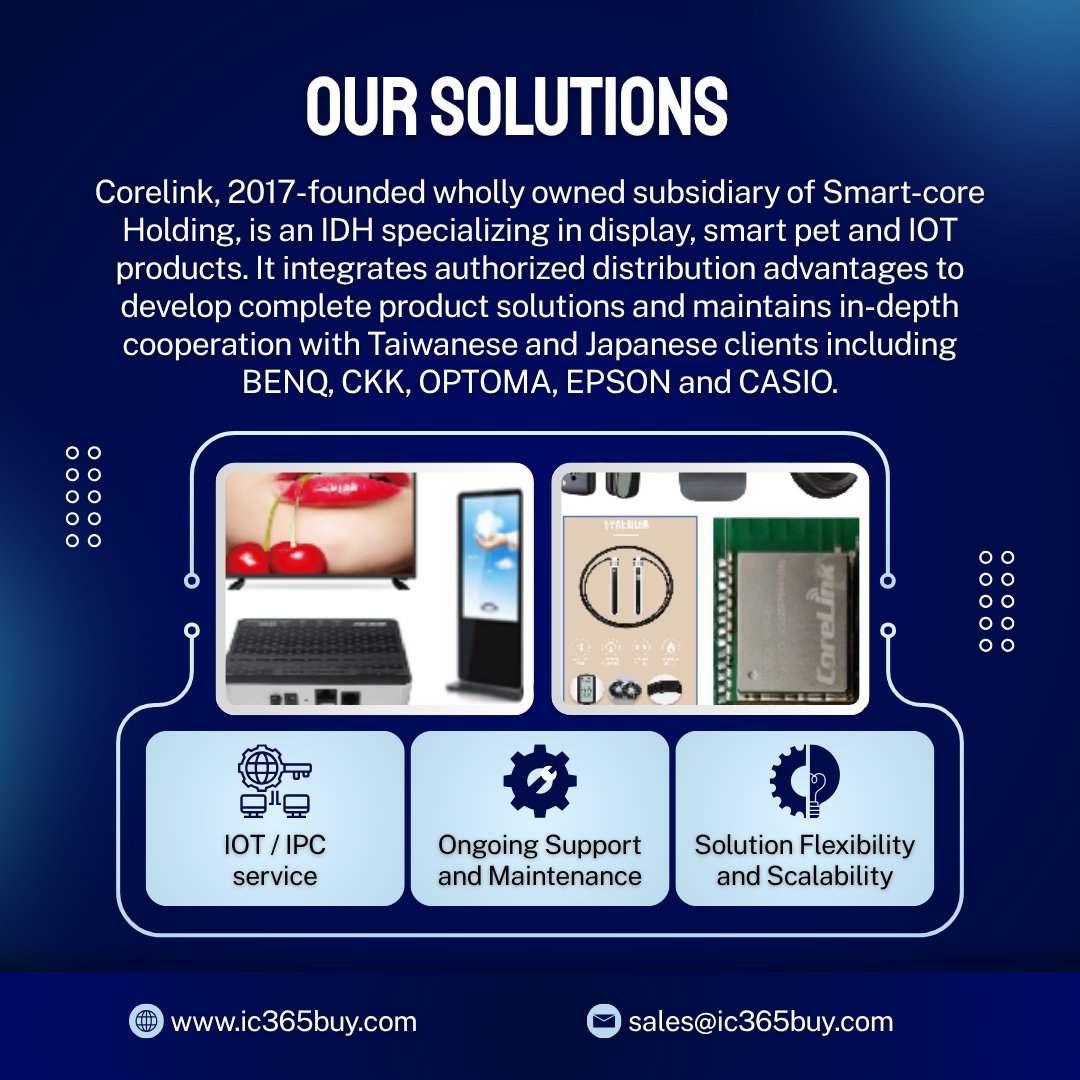 SmartCoreCloud's tweet photo. Corelink,  is an IDH specializing in display, smart pet and IOT products. It integrates authorized distribution advantages to develop complete product solutions and maintains in-depth cooperation with Taiwanese and Japanese clients including BENQ, CKK, OPTOMA, EPSON and CASIO. https://t.co/CrGJSm7Y0t