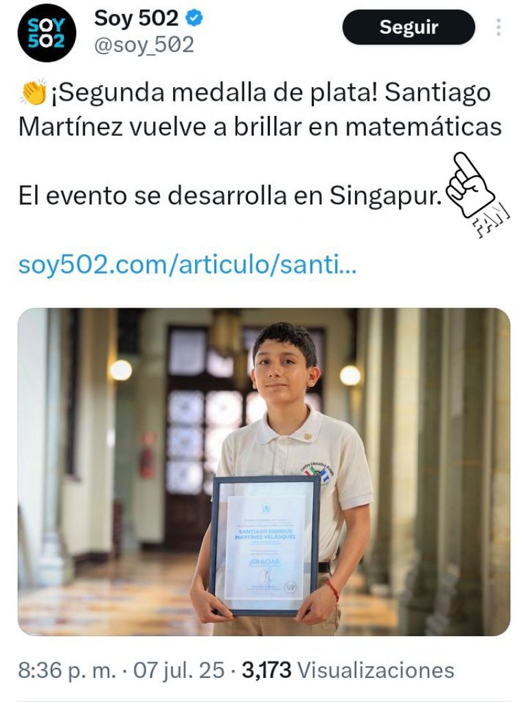 Santiago, nos has hecho soñar con tu talento y pasión. Guatemala está orgullosa de ti y de tus logros. ¡Sigue brillando!