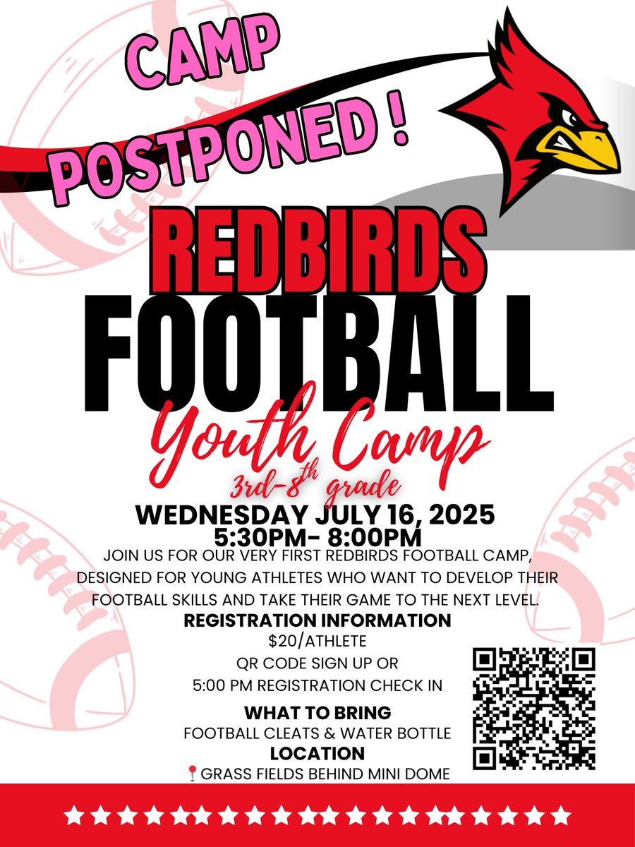 Redbirds Youth Football Camp Update! 🏈
To support our SSC Minors and Majors as they prepare for the State Baseball Tournament, we are moving Redbirds Football Camp to Wednesday, July 16 — same time, same location.
We’re proud of the hard work and momentum these teams are