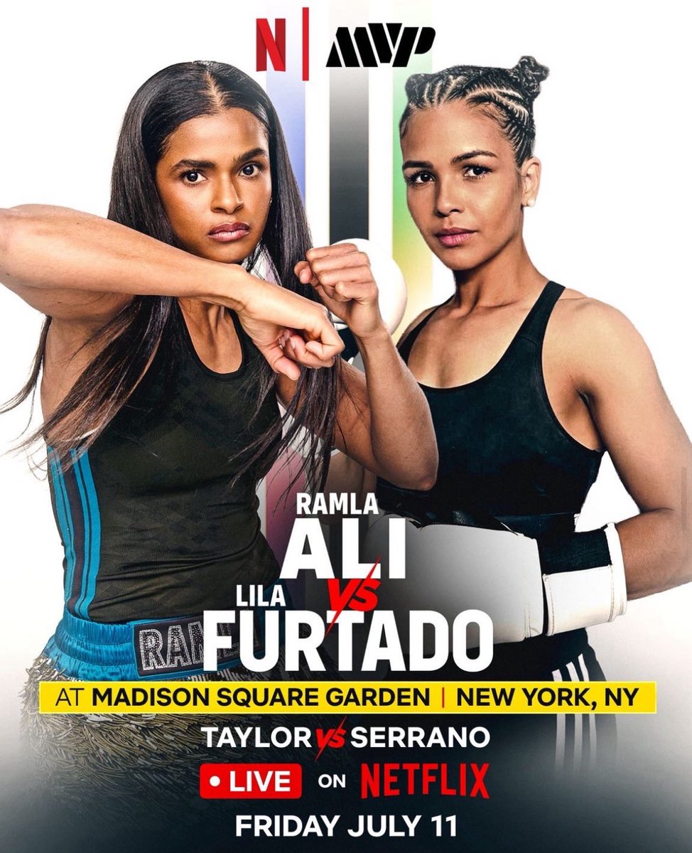 Fight Week
Somalia’s Ramla Ali (9-2, 2KOs) vs Brazil’s Lila Furtado (11-2, 2KOs) in a super bantam bout on the Taylor/Serrano 3 <a href="/MostVpromotions/">Most Valuable Promotions</a> All Female Card.  Friday live from <a href="/TheGarden/">MSG</a> streams <a href="/netflix/">Netflix</a>