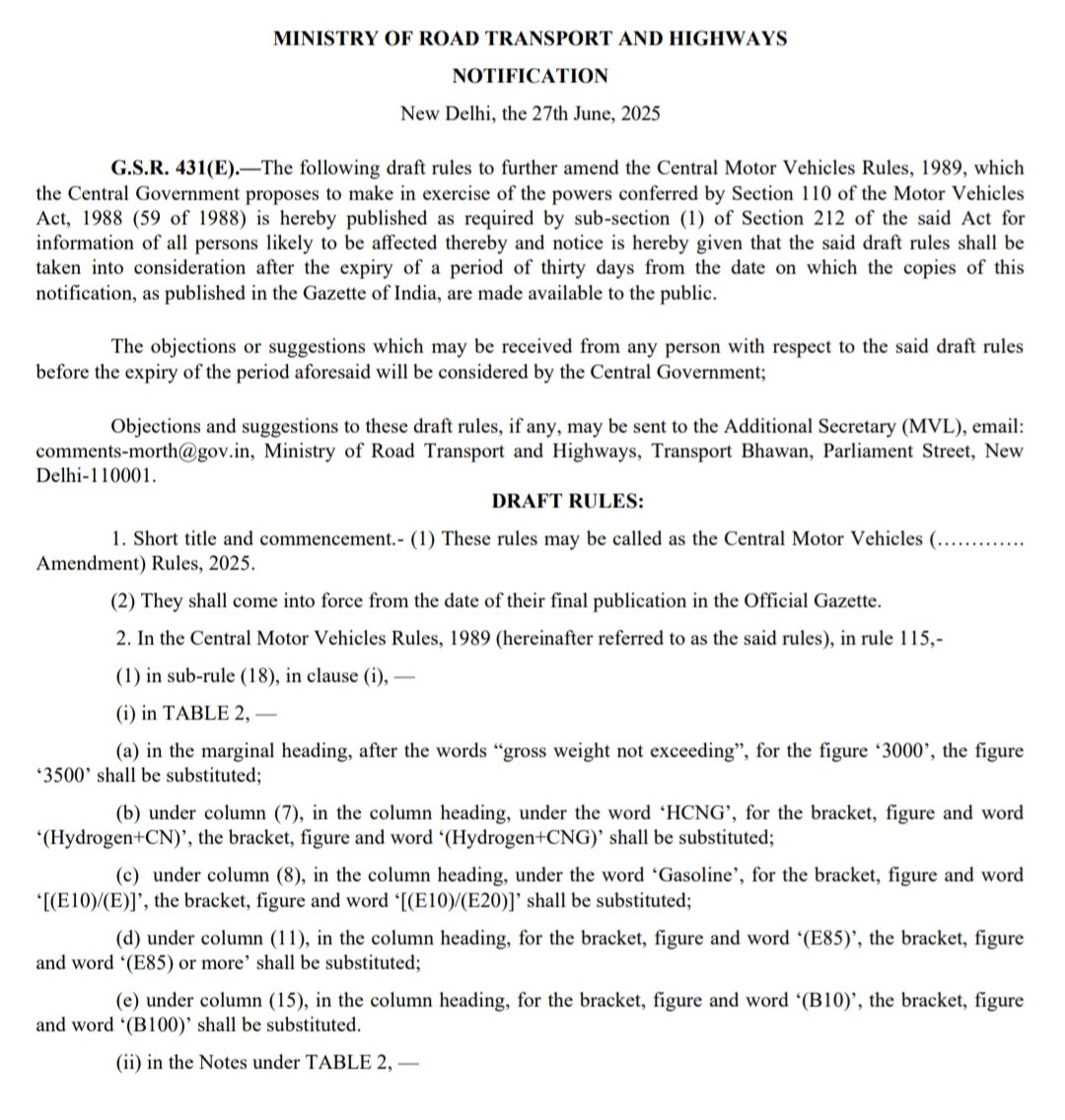 h_pongilath's tweet image. In the Central Motor Vehicles Rules, 1989, #CMVR in the marginal heading, after the words “gross weight not exceeding”, for the figure ‘3000’, the figure 
‘3500’ shall be substituted; 
under the word ‘HCNG’, ‘(Hydrogen+CN)’, the bracket, (Hydrogen+CNG)’ shall be substituted