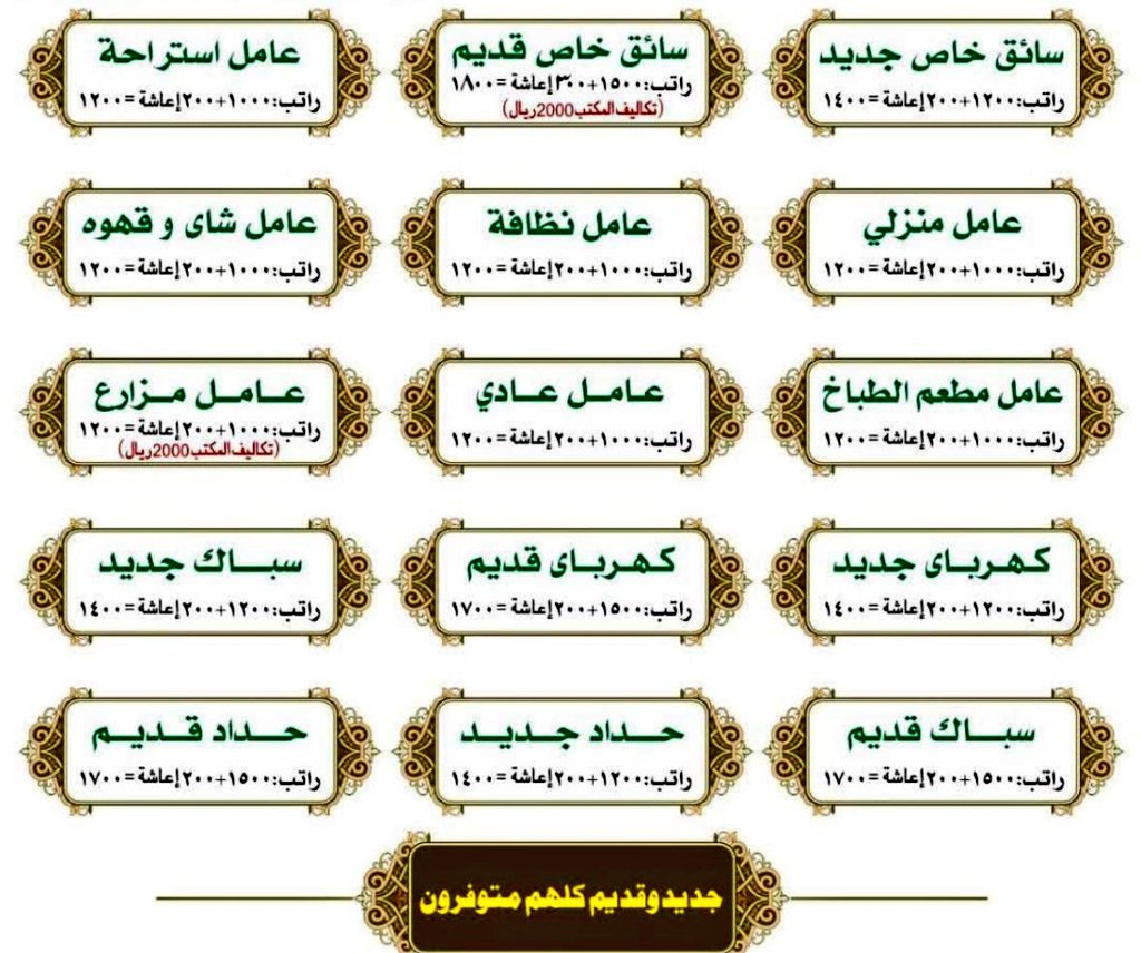 السلام علیکم و رحمة الله وبركاته.
الحين عمالين موجود بتوفير

سايق خاص جديد
راتب. ١٢٠٠+٢٠٠= ١٤٠٠
سايق قديم
راتب ١٦٠٠+٢٠٠=١٨٠٠
تكاليف مكتب ١٢٠٠

عامل منزلي وعامل استراحة 
راتب ١٠٠٠+٢٠٠ =١٢٠٠ 

لو تبغي اي مهنه عمال اتصل واتساب ☎️👇 

Wa.me/+919415485458