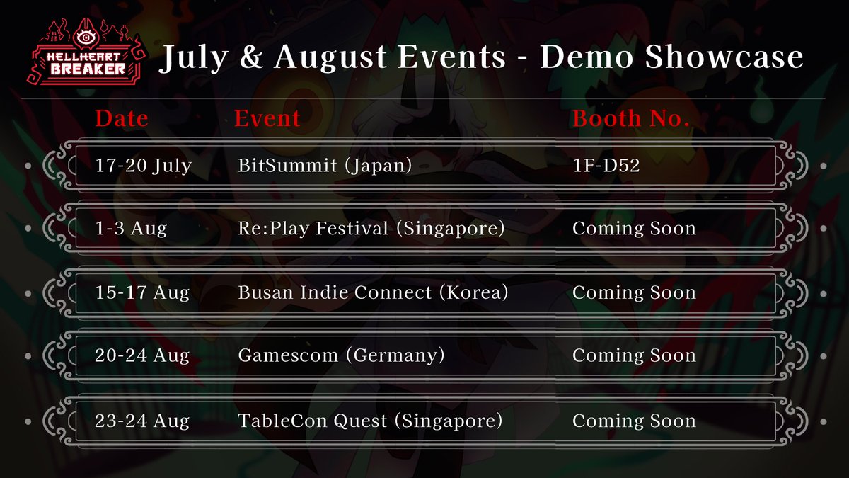 hellheartbreak's tweet image. 【Demo Showcase Event Appearance】
Thank you all for the love these past few days as we announced our game!
For July & August, you can try out the demo at these events! More details for these events will be posted soon, hope to see you there~
#indiegame #hellheartbreaker